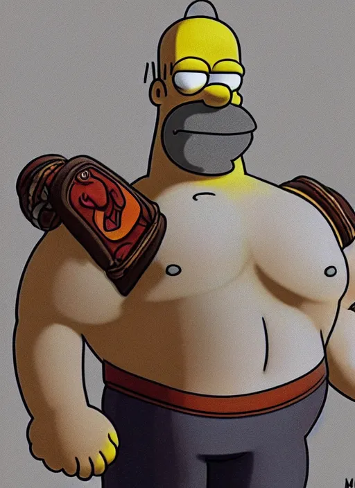 Prompt: chalk white cartoony Homer Simpson:: depicted as Kratos God of War, high detailed official artwork, Matt Groening cartoon art