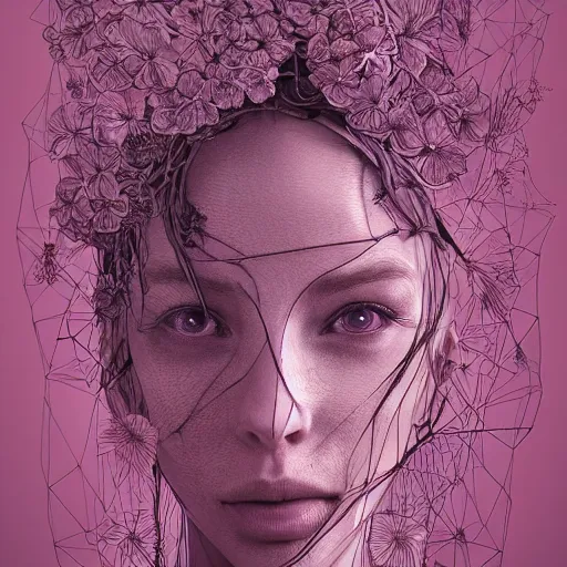 Image similar to the portrait of an incredibly beautiful woman made of potatoes roots and violets, an ultrafine detailed illustration by james jean, final fantasy, intricate linework, bright colors, behance contest winner, vanitas, angular, altermodern, unreal engine 5 highly rendered, global illumination, radiant light, detailed and intricate environment