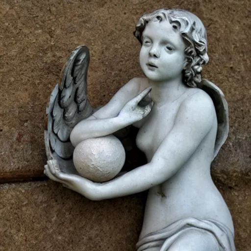 Prompt: an angel holds a moon, sculpture.