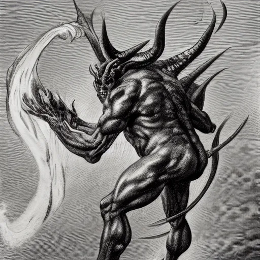 Image similar to full body grayscale drawing by Gustave Dore of muscled humanoid balrog beast with horns in heroic pose, swirling flames in background