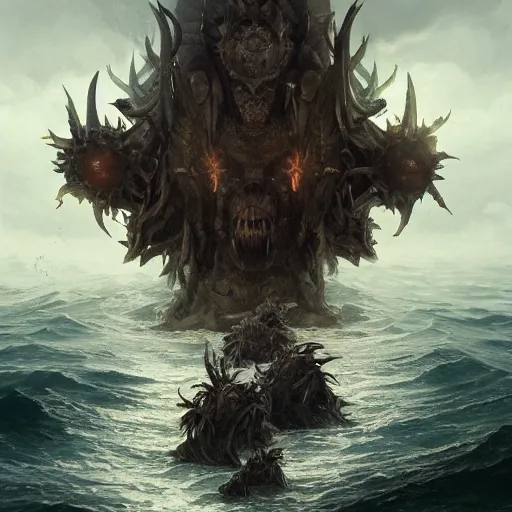 Image similar to A being with seven heads and ten horns coming out of the ocean , digital Art, Greg rutkowski, Trending artstation, cinematographic, hyperrealistic