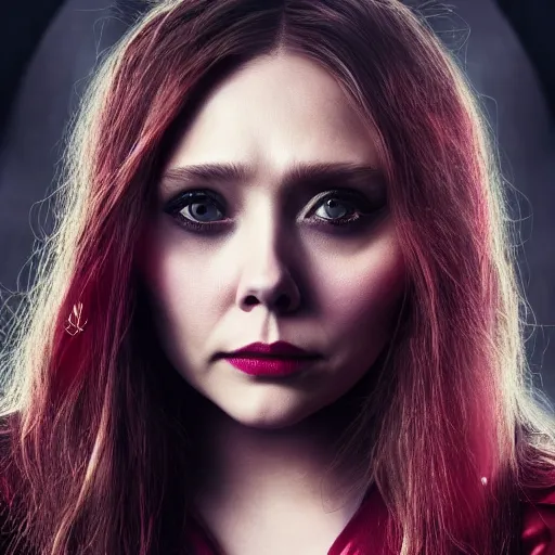 Image similar to Elizabeth Olsen as the Scarlet Witch in emo attire and heavy alt makeup, trending on artstation, gloomy atmosphere, photorealistic facial features, 4k, 8k