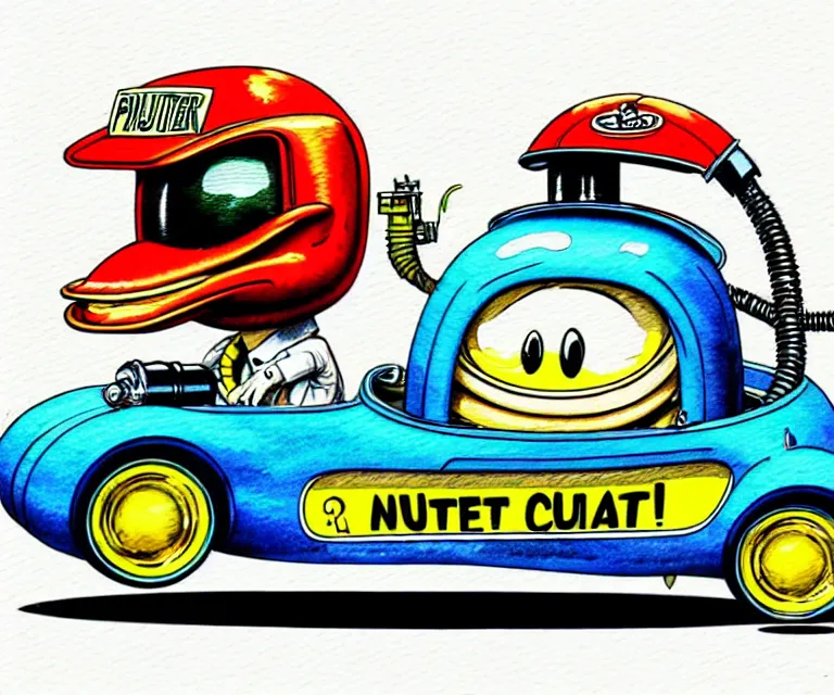 Prompt: cute and funny, platypus, wearing a helmet, driving a hotrod, oversized enginee, ratfink style by ed roth, roth's drag nut fuel, centered award winning watercolor pen illustration, isometric illustration by chihiro iwasaki, the artwork of r. crumb and his cheap suit, cult - classic - comic,
