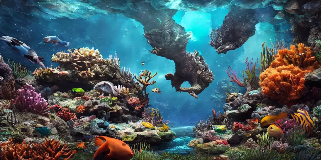 Prompt: underwater enviroment with Lophiiformes creatures, unreal 5, hyperrealistic, realistic, photorealistic, dynamic lighting, highly detailed, cinematic landscape, studio landscape, studio lighting