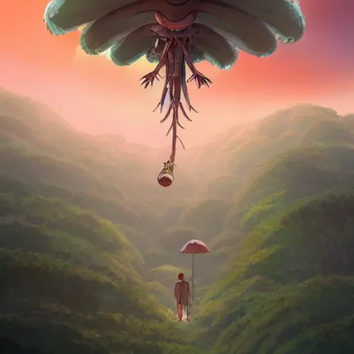 Prompt: a beautiful movie still in the style of Studio Ghibli anime showing a giant alien creature flying through a destroyed post-apocalyptic Los Angeles overrun with vegetation. Studio Ghibli, aerial photography, wide angle lens, trending on artstation, trending on behance