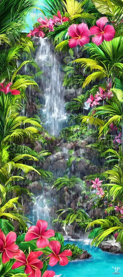 Prompt: cascading concept art of an exotic garden with waterfall pools, and flowers and palm trees, plumeria, hibiscus, detailed, highly detailed, aesthetic, realistic, hyper realism, colorful, in depth, intricate,