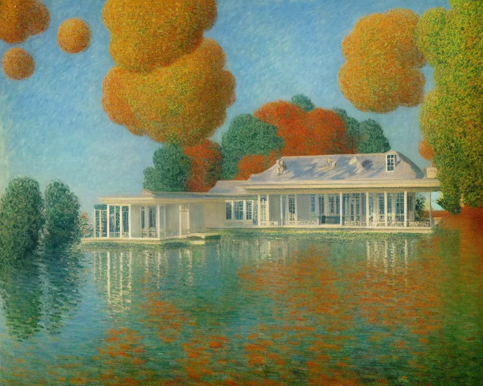 Image similar to achingly beautiful painting of a sophisticated, well - decorated pool house in autumn by rene magritte, monet, and turner.