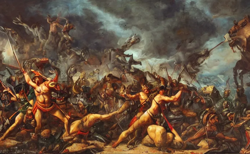 Prompt: oil painting of a spartan army charging against a giant cyclops,