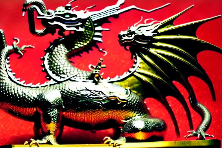 Image similar to metallic dragon god, worship him. ra prostrated, glistening aura. futuristic chinese