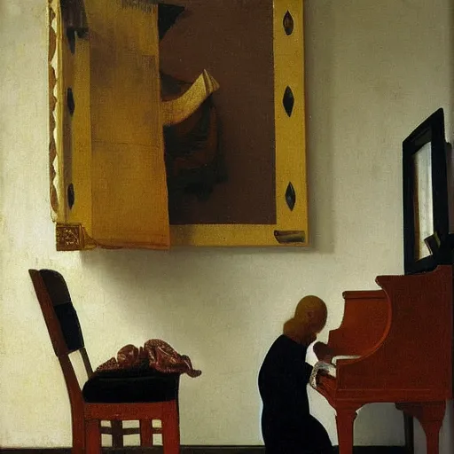 Prompt: octopus playing piano, sitting on the piano stool, oil painting, vermeer