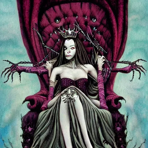 Prompt: the smiling beautiful female queen witch occult with giant spiderlegs surrounding her throne by gerald brom by anna steinbauer by kelly mckernan by edward gorey, trending on artstation