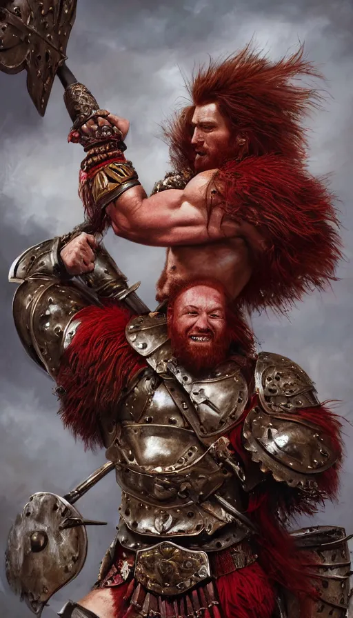 Image similar to bulky muscular scottish warrior with red hair and a kilt, tribal blood red war paintings on his chest, bronze plate armor, 4 k oil on linen by wlop, artgerm, andrei riabovitchev, nuri iyem, james gurney, james jean, greg rutkowski, highly detailed, soft lighting 8 k resolution