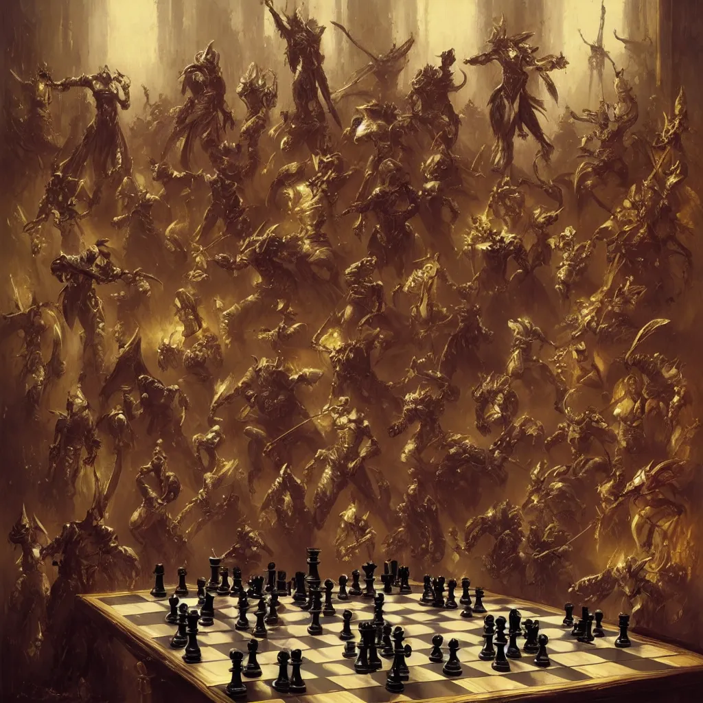 Prompt: fantasy set of chess pieces on chess board, studio shot, by gaston bussiere, anna nikonova aka newmilky, greg rutkowski, yoji shinkawa, yoshitaka amano, tsutomu nihei, muira, moebius, donato giancola, trending on artstation, featured on pixiv