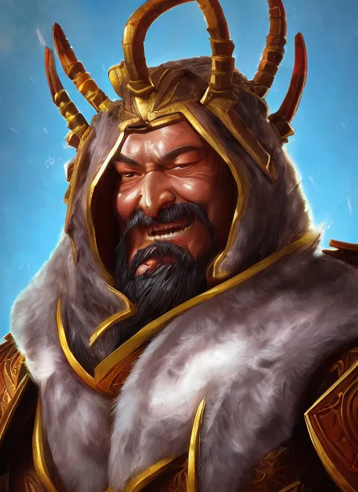 Image similar to genghis khan, from league of legends, hyper detailed, digital art, trending in artstation, cinematic lighting, studio quality, smooth render, fluorescent skin, unreal engine 5 rendered, octane rendered, art style by klimt and nixeu and ian sprigger and wlop and krenz cushart