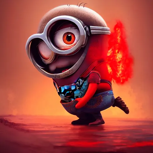 Image similar to an epic painting minion, red angry face with steam out of his head, perfect composition, golden ratio, beautiful detailed, photorealistic, digital painting, concept art, smooth, sharp focus, illustration, artstation trending, octane render, unreal engine