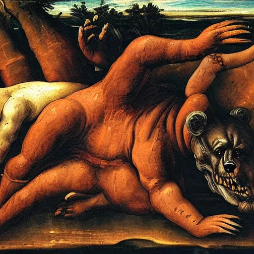 Image similar to demonic bear crawling out of the pits of hell, renaissance painting