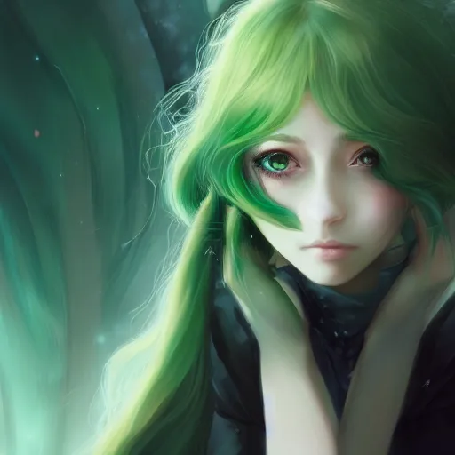 Image similar to facial portrait of a young pretty anime woman, green hair, dark eyes, gothic eyeliner, character concept art, headshot, Charlie Bowater, Anna Dittmann, WLOP, Rumiko Takahashi, Akihiko Yoshida, Hyung-tae Kim, alexander mcqueen, trending on Artstation