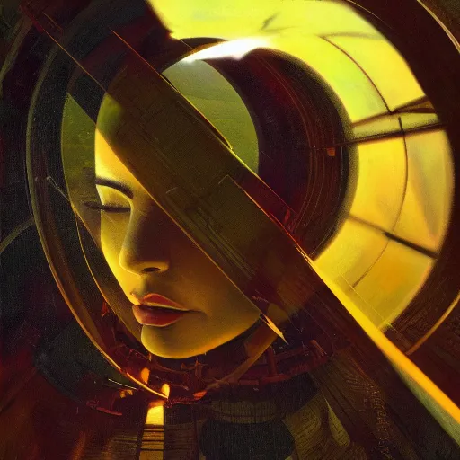 Image similar to detailed face of a woman, clockwork, moment, tectonic sky, skydome, bullet train, turbines, utopian, tech noir, wet reflections, prism, atmospheric, ambient, pj crook, syd mead, livia prima, greg rutkowski, edward hopper