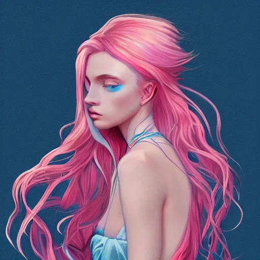 Image similar to beautiful magic angel with flowing pink hair, full body, blue piercing eyes, high brows, beautiful aesthetic, by james jean, trending on artstation, digital art