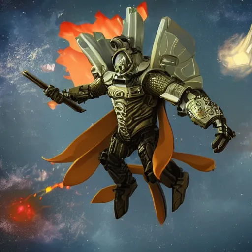 Image similar to wide scene, armored sci - fi god of destructuion manifests floating in midair