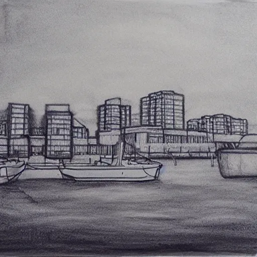 Prompt: a detailed charcoal sketch of the Halifax waterfront