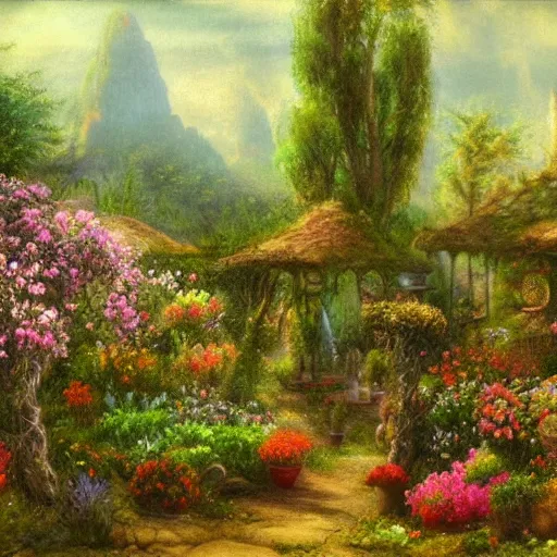 Image similar to garden in an elven village, fantasy, pastel