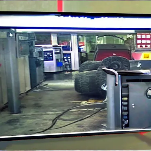 Image similar to gas station cctv footage of cat in a tank