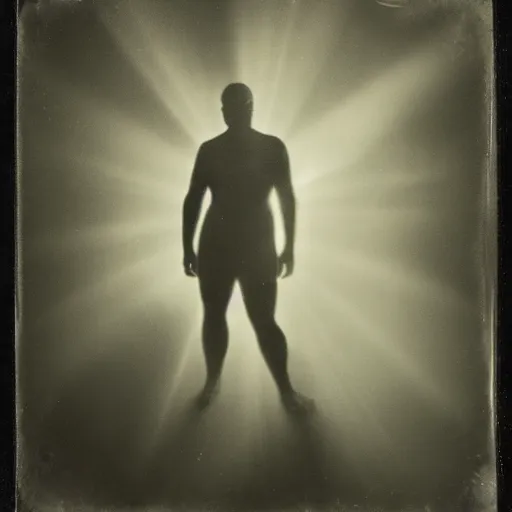 Image similar to tintype photo, volumetric light rays, underwater, Bigfoot swimming