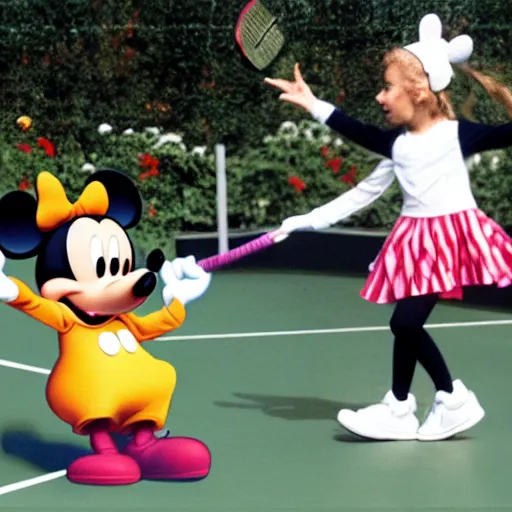 Prompt: Mickey mouse playing tennis with Daisy