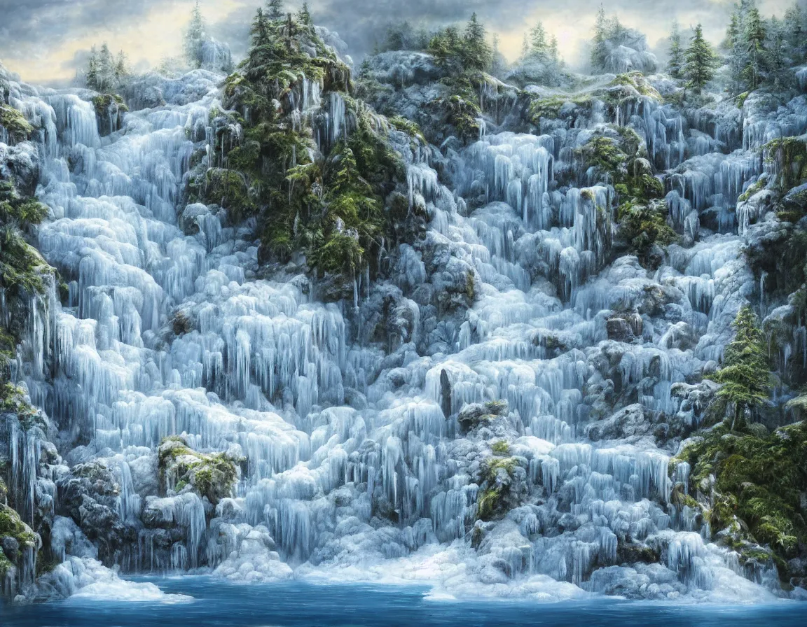 Prompt: hyper realistic oil painting of frozen sphere island with waterfall, floating in the air, hd, hdr, by stanisław wyspianski, ultra detailed, high resolution