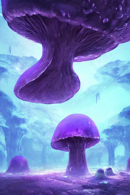 Prompt: Giant Mushroom Dripping Viscous Blobs of Purple Liquid from its Cap, Damp Dungeon, Underground, fantasy, digital illustration, realistic, trending on artstation, volumetric lighting, ultra detailed