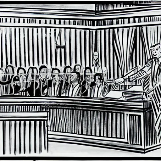 Prompt: black and white, ink drawing, line work, trump giving his deposition at his trial,