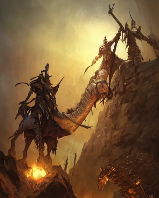 Image similar to warlord with camel head, on skull throne, magic the gathering artwork, D&D, fantasy, cinematic lighting, centered, symmetrical, highly detailed, digital painting, artstation, concept art, smooth, sharp focus, illustration, volumetric lighting, epic Composition, 8k, art by Akihiko Yoshida and Greg Rutkowski and Craig Mullins, heroic pose, oil painting, cgsociety, Battlefield background, explosions, arrows