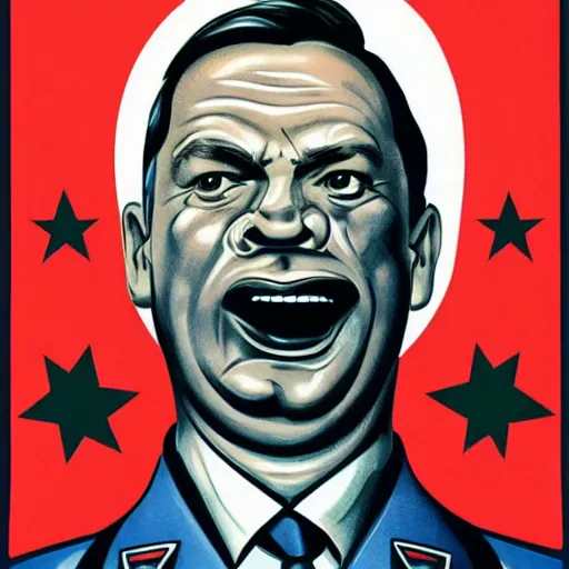 Image similar to portrait of leader of fascist hungary, viktor orban winning the national farting contest, soviet propaganda poster art from 1 9 5 0, colored, highly detailed illustration