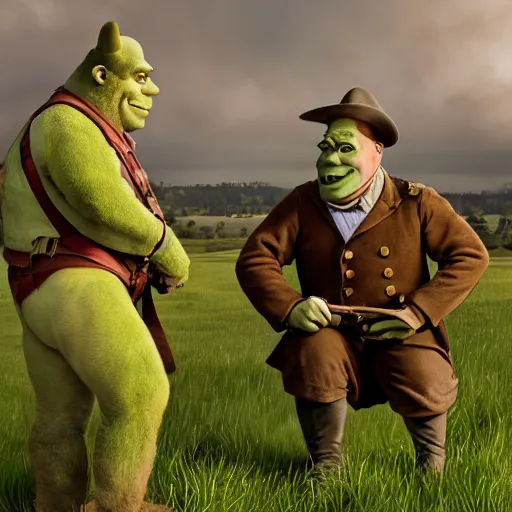 Prompt: jerry seinfeld and bryan cranston in the civil war dressed up like shrek on the battlefield, old timey combat photography combat art by stuart brown 8 k hyperrealism