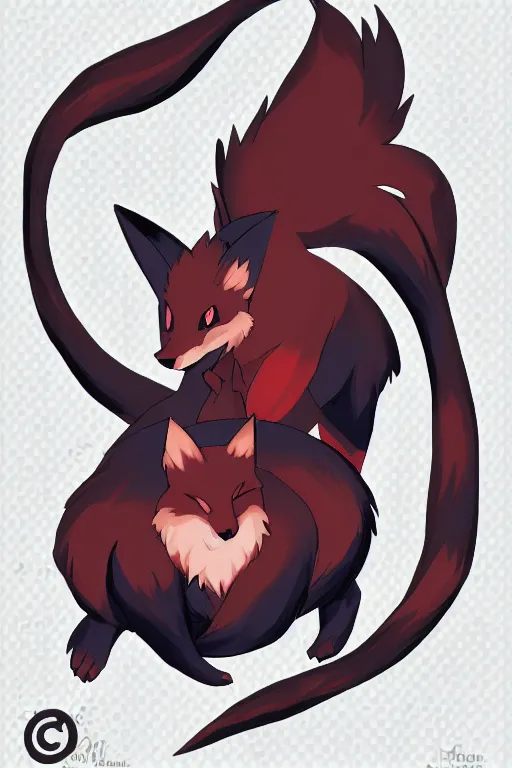 Image similar to zorua pokemon, stylised fox - like appearance, black and auburn colour pallet, thick furry neck and chest fluff, stylised 🖌 - like hair on head, pokemon concept art with multiple angles, super detailed, clean lines, digital art