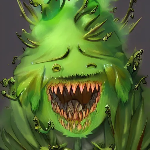 Image similar to Plant monster with toothed jaws and amber teeth, green thistle fur, anime visual, trending on art station