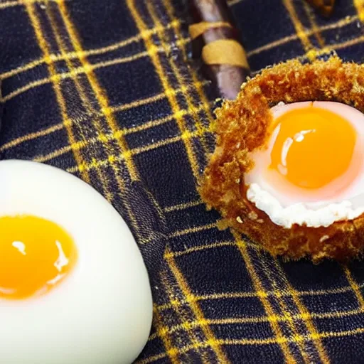 Image similar to close up photo of a miniature Scottish man in a kilt, playing bagpipes hatching out of a Scotch egg. You can see the yolk, egg white, sausage and crumbed outside of the egg.