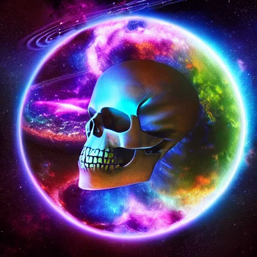 Image similar to planet shaped like a skull, colorful, glow, energy, galaxy, ethereal, cinematic, epic, 8k, ultra detailed, Artstation, Trending on Artstation, Artstation HQ, Artstation HD, deviant art, Pinterest, digital art,