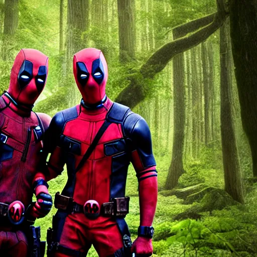 Image similar to deadpool and groot in the woods playing digital art 4 k detailed