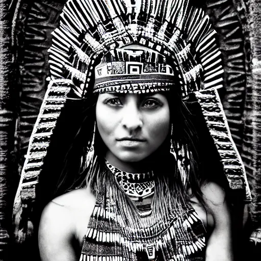 Image similar to full body photo portrait of attractive aztec beauty in temple, old photo, highly detailed, fashion photography, black and white, by Annie Leibovitz