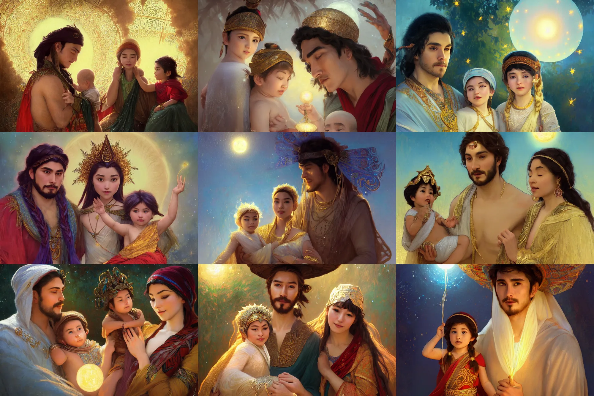 Prompt: a cinematic beautiful close up moment of a young Orientalism sun god and moon goddess magician family with child, portrait, wearing sunhat with string lights, family photography, Frozen Klaus film, digital painting, artstation, concept art, illustration, Frozen II art masterpiece by art by Krenz Cushart, Artem Demura, alphonse mucha, yoji shinkawa, ArtGerm, Jon Lothian, Danilo Torres, Adi Meyers, Thomas Reimann, Gaston Bussiere