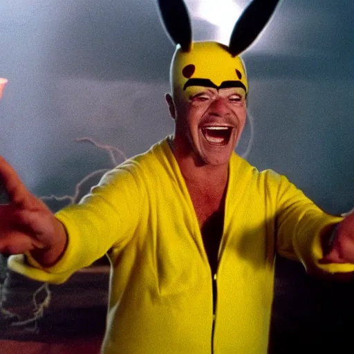 Prompt: Jack Nicholson plays Teminator Pikachu, scene from the film finale, epic, realistic