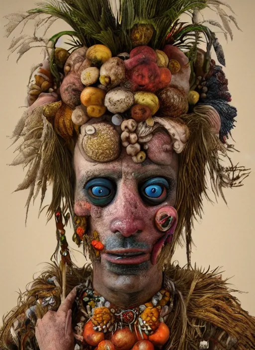 Prompt: a surrealist!! painting of a shaman's face, 3 d render, in the style of giuseppe arcimboldo, symbolist, soft colors, dramatic lighting, smooth, sharp focus, extremely detailed, aesthetically pleasing composition, octane render