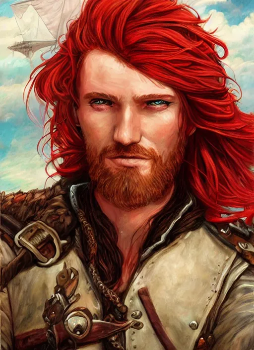 Image similar to an epic fantasy comic book style portrait painting of a long haired, red headed male sky - pirate in front of an airship in the style of eve ventrue