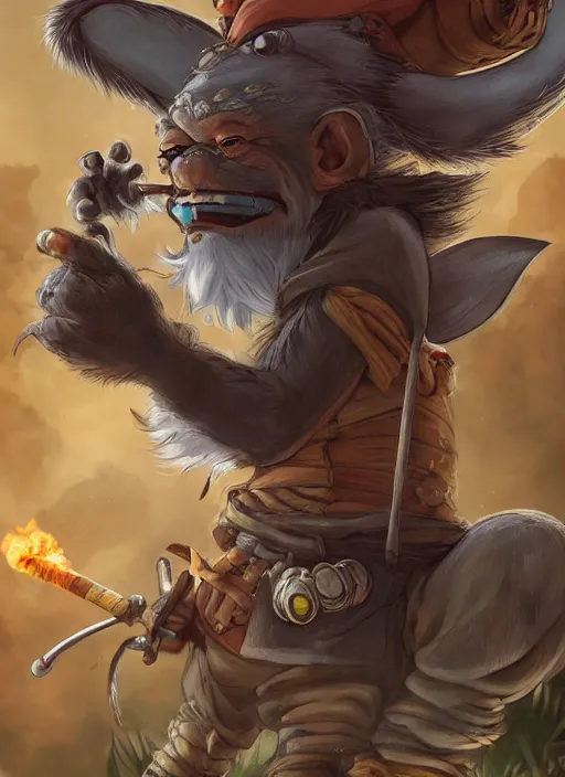 Image similar to studio ghibli pathfinder 2 e bestiary illustration of a goblin mixed with a monkey smoking a cigar, pirate themed, character portrait, unreal engine, hyper realism, realistic shading, cinematic composition, realistic render, octane render, detailed textures, photorealistic, wide shot