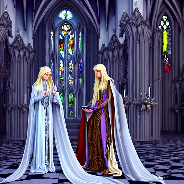 Prompt: an elf queen and ice queen in a gothic church, highly detailed, 4 k, hdr, smooth, sharp focus, high resolution, award - winning photo, illustrated by anne stokes, photorealistic