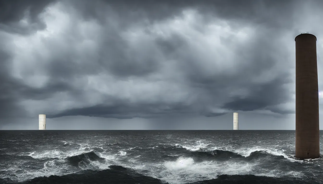 Prompt: lonely nuclear silo on the island, lake, windy waves, raining, storm, distant thunder, atmospheric, scary, claustrophobic, ambient vibe, very detailed, high resolution, 8 k