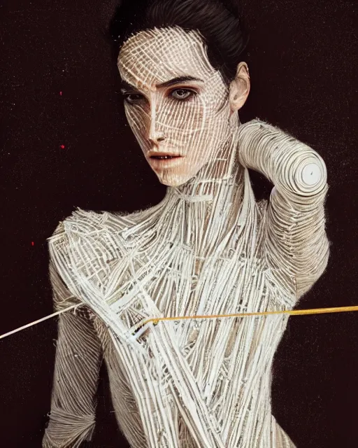 Prompt: half body portrait of juliana, in an outfit made from paper straws, black hair, freckles, pale skin, photo by greg rutkowski, high fashion, female beauty, intricate detail, elegance, sharp shapes, soft lighting, vibrant colors, masterpiece