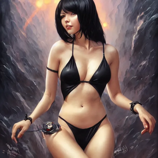Prompt: full body wide angle portrait of beautiful girl cosplay with black hair in bikini without black strong makeup, clothes on, full body tattooed, art by stanley artgerm lau and artgem and wlop and magali villeneuve and karol bak and gennady ulybin